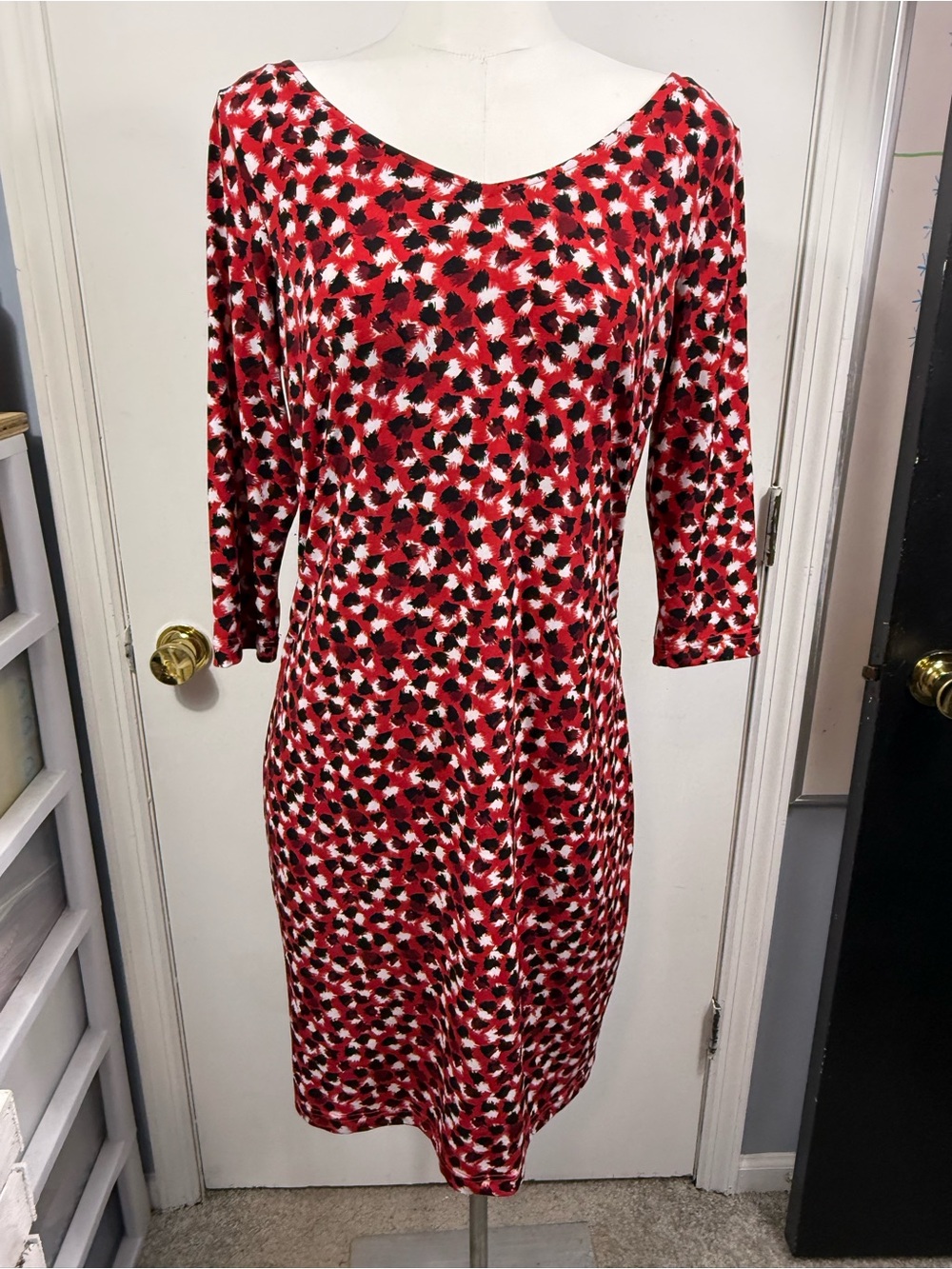 Chadwicks Red, Black and White Printed Long Sleeve Sheath Dress
